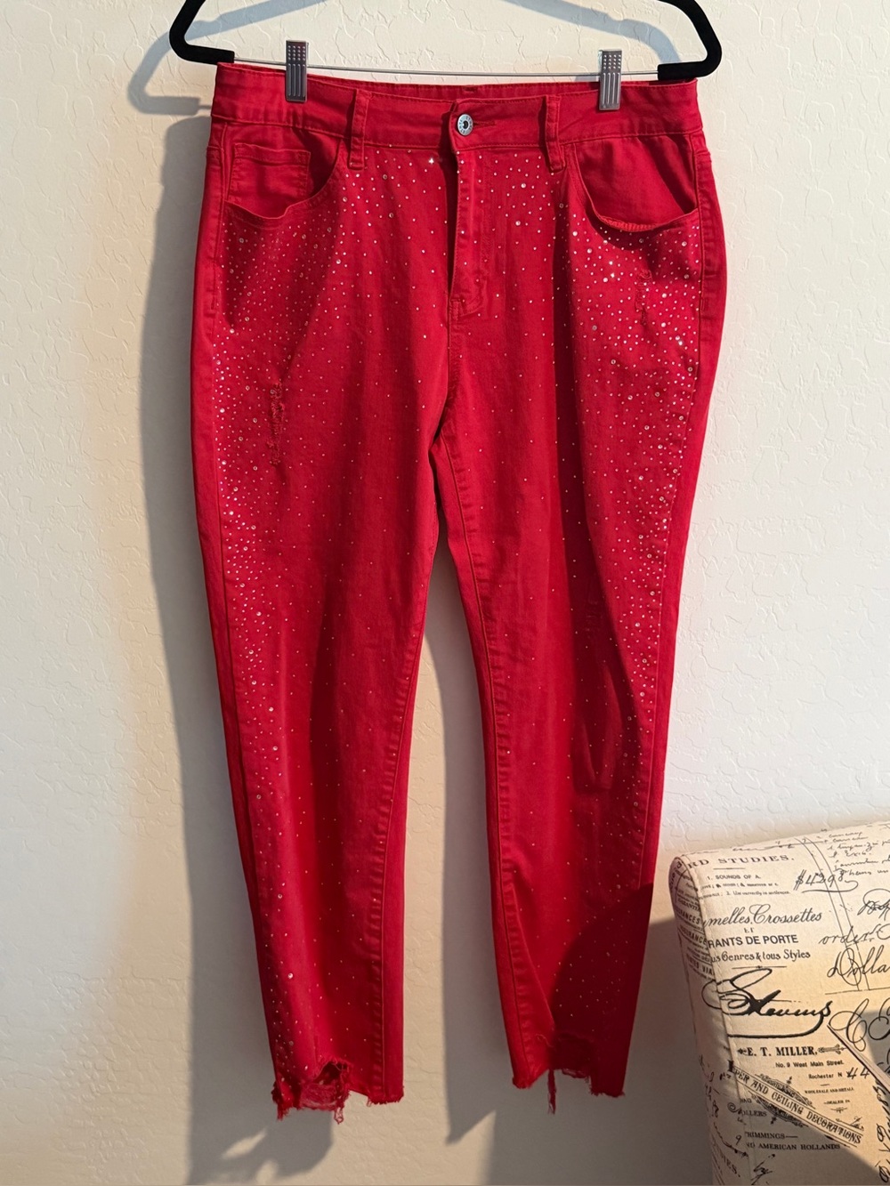 Ethyl Red Rhinestone Embellished Skinny Jeans